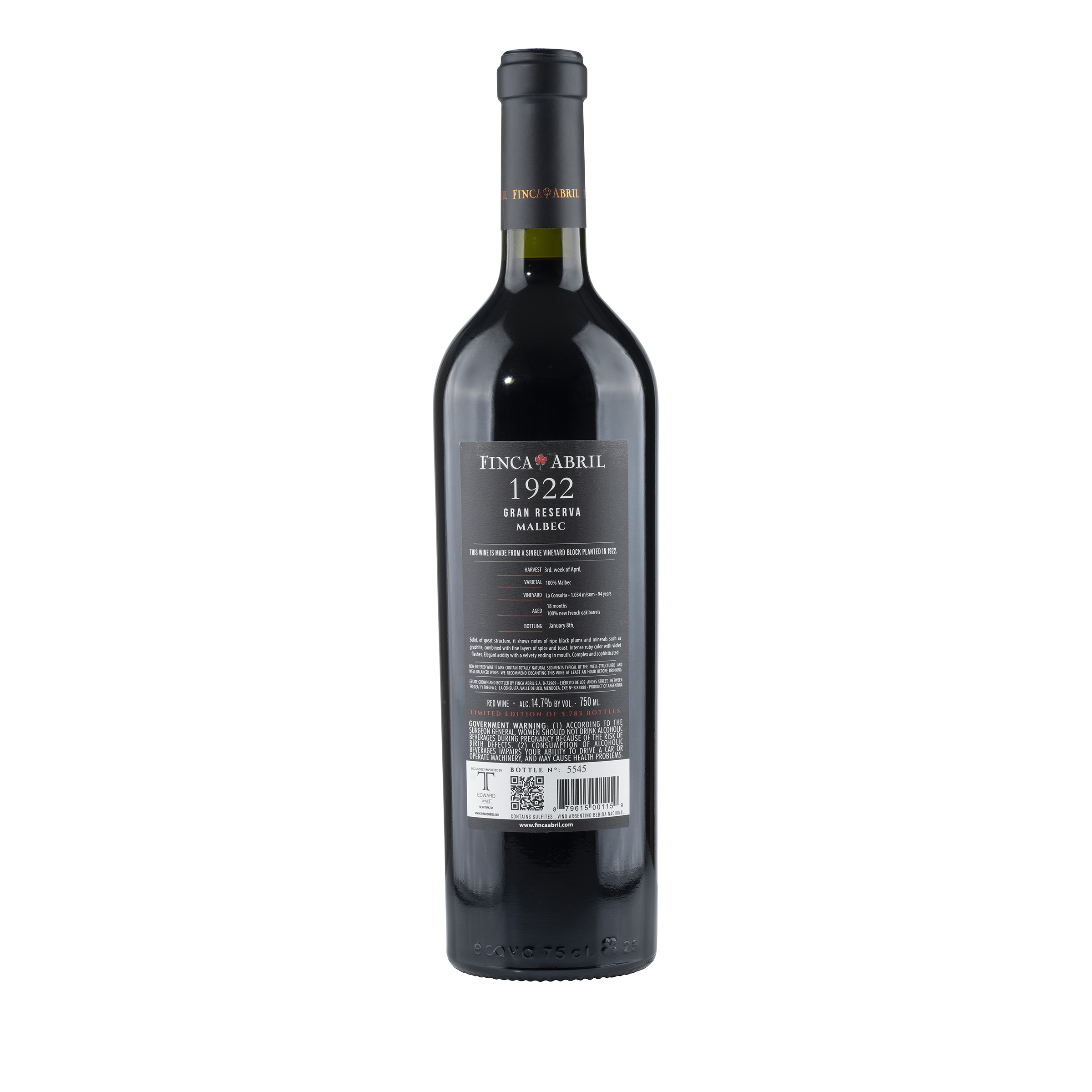 Malbec "1922" Valle de Uco 2018 Bottle Back