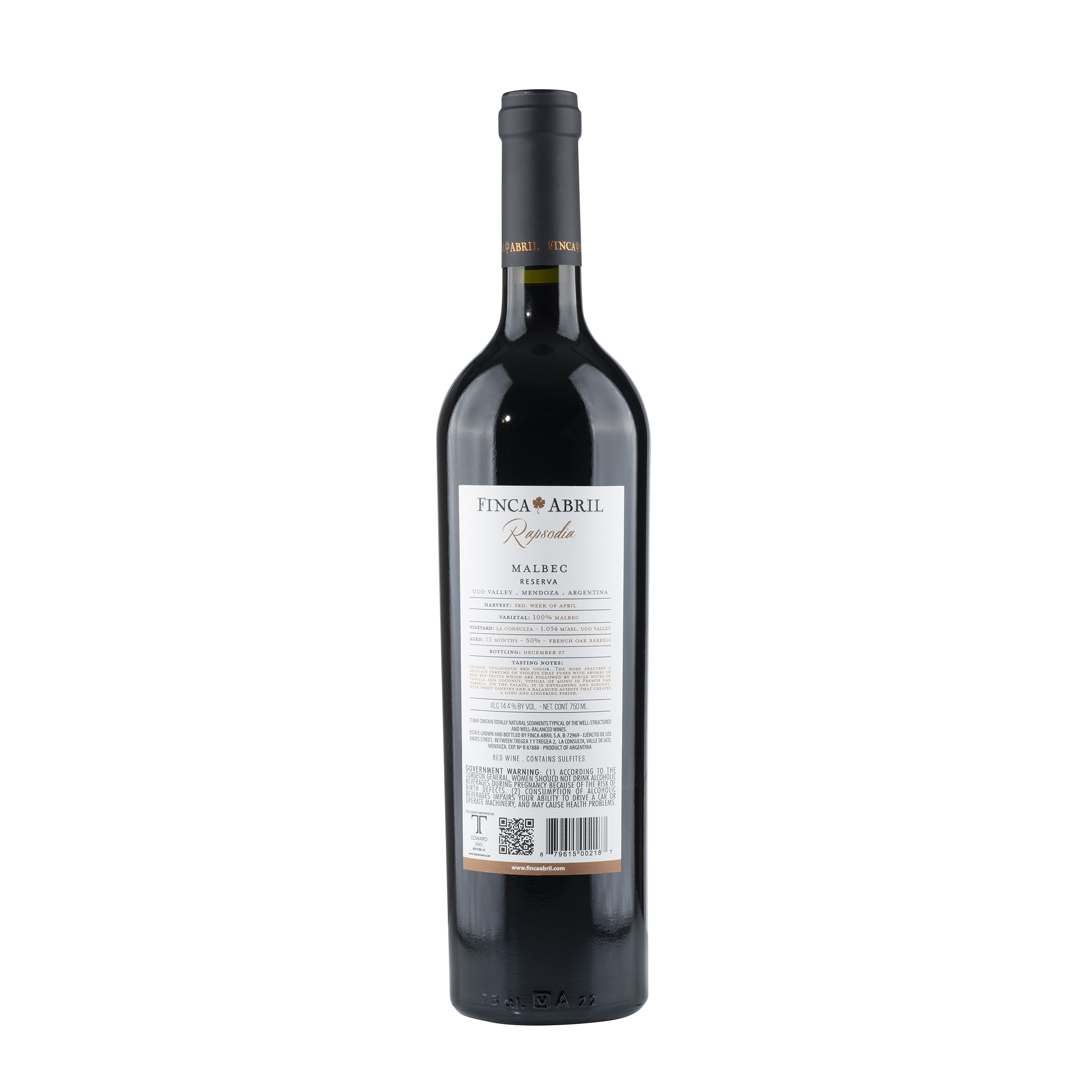Malbec "Rapsodia" Valle de Uco 2019 Bottle Back